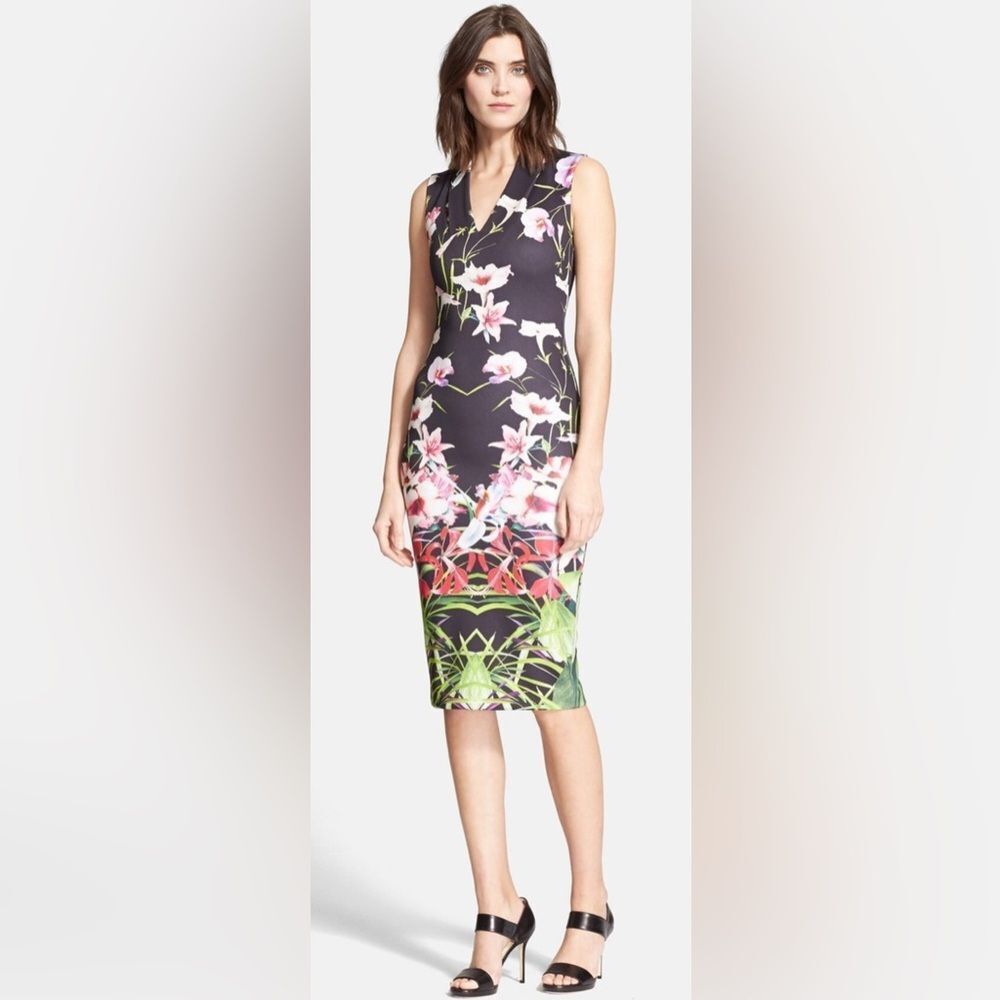 Ted Baker London Jalita Mirrored Tropics Print Sheath Midi Dress Womens US 1